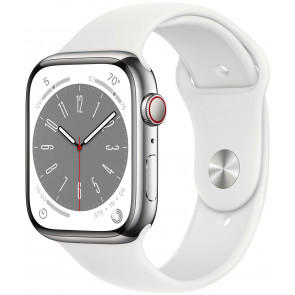 Apple Watch Series 8 GPS+Cell, 45mm Edelstahl Silber, Sportarmband Weiss